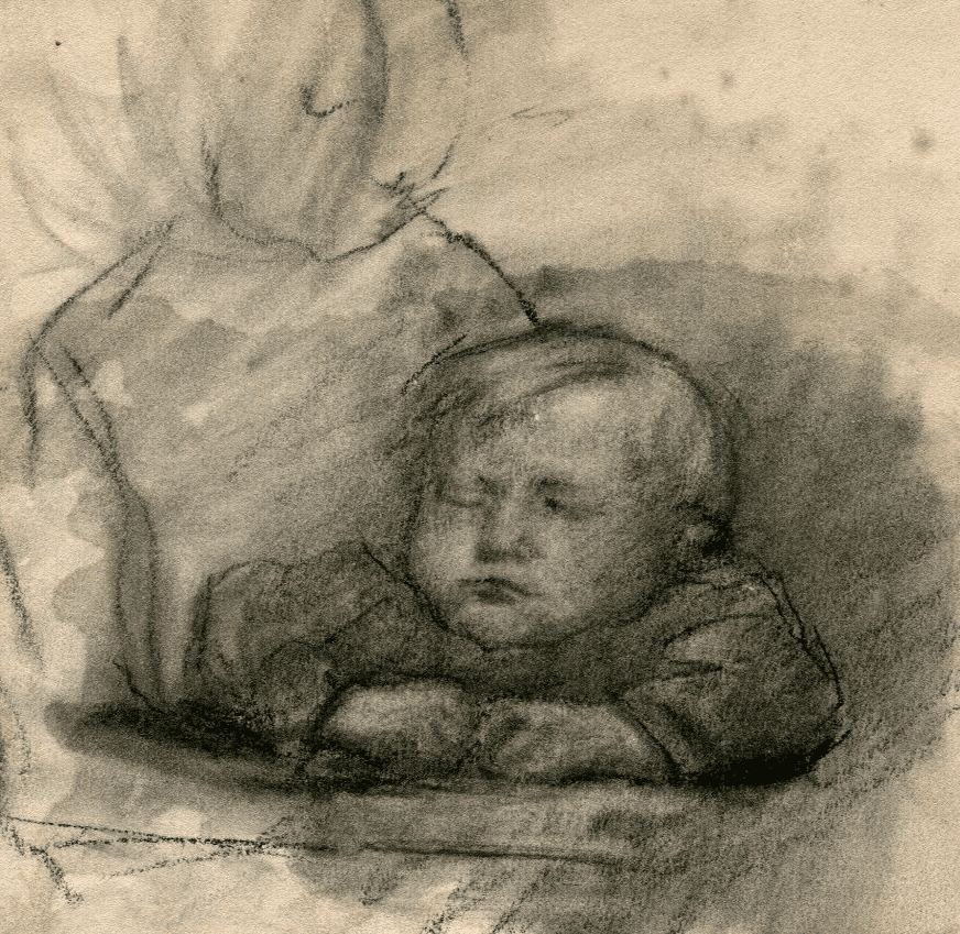 Antique Charcoal Drawing Original 19th century Child Mother Portrait 1878