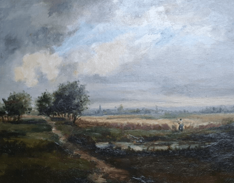 Antique Original 19th century Painting Landscape, Figure Barbizon, Fields image 1