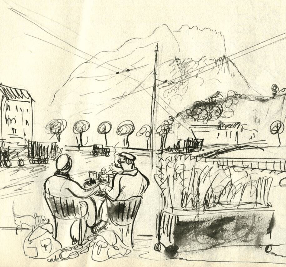 Vintage Ink Drawing Original Marine Men, Mountain Landscape signed image 1