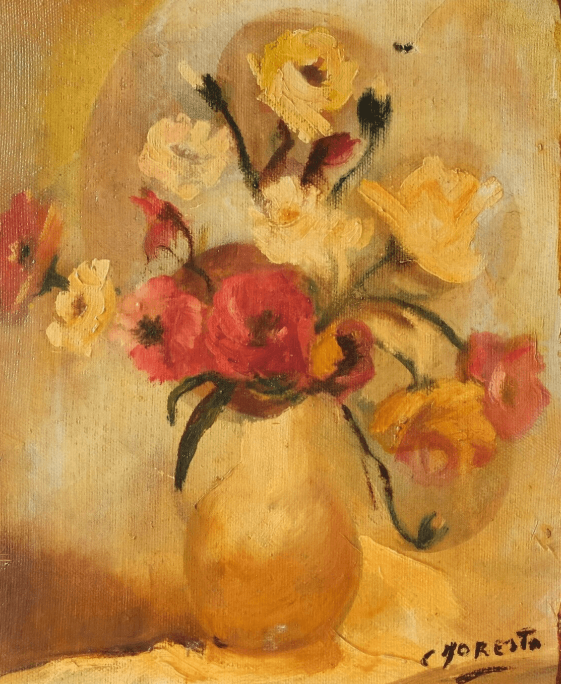 Antique Oil Old Original Painting Flowers Bouquet, Still Life, Roses, Floral image 1