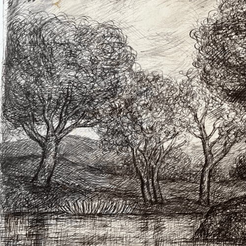 Original Antique Ink Drawing Landscape with Trees Artwork image 3