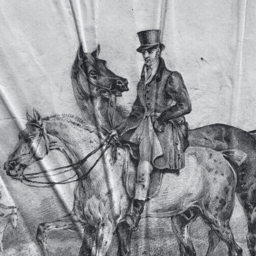 Antique Pencil Drawing Rider, Horses, Polytechnique School 1830 image 2