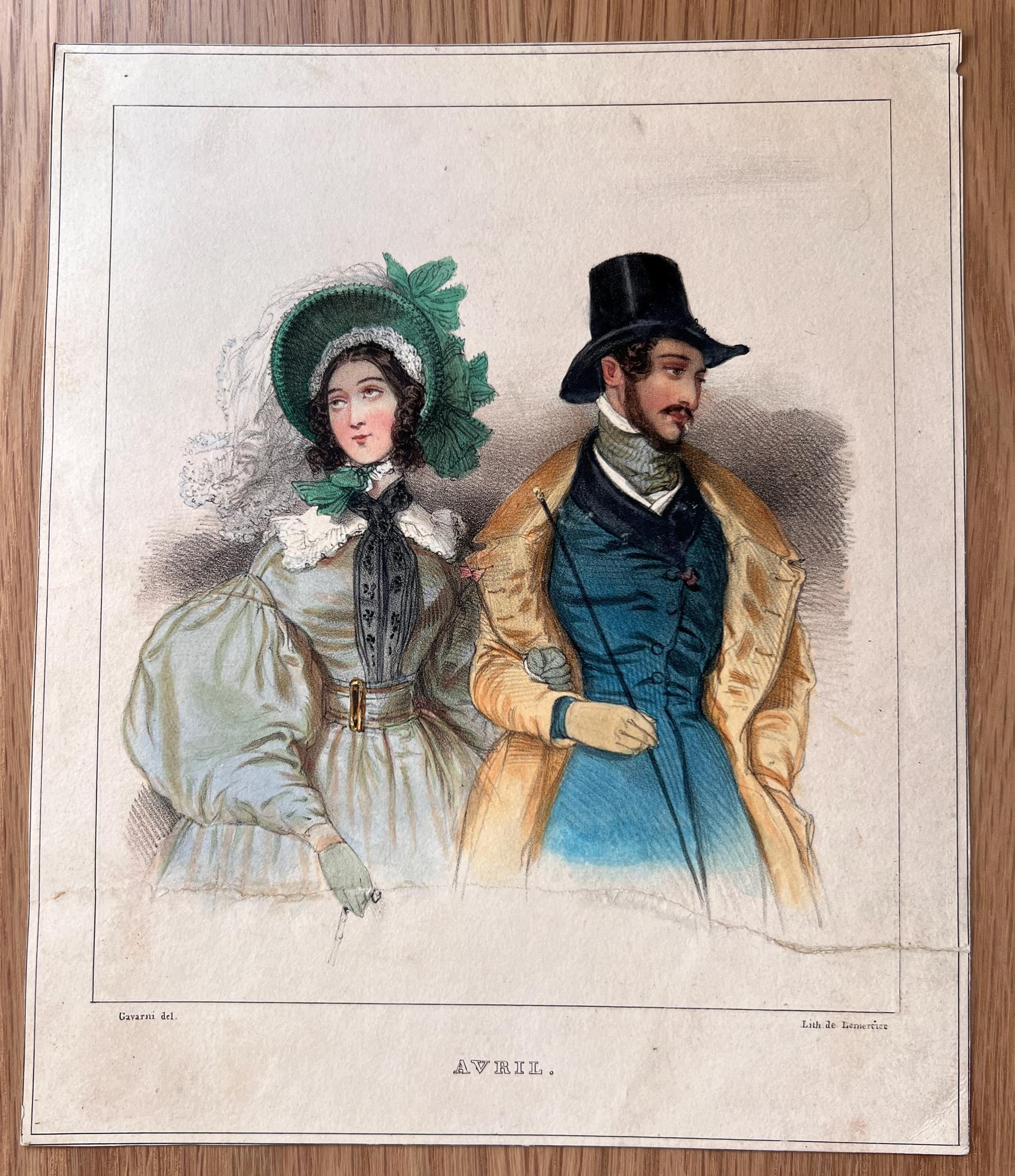 Elegant Antique Lithograph: April Elegance in Fashion