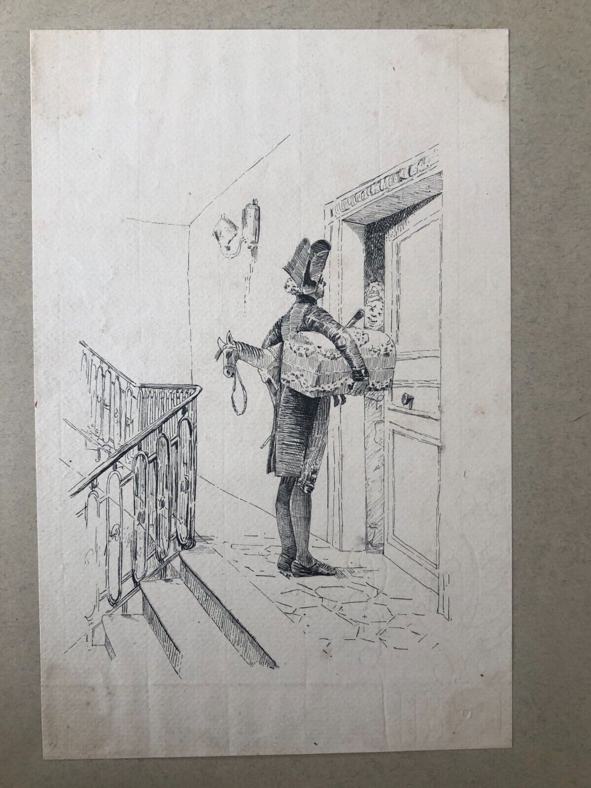 Antique Old Ink Drawing Illustration Original Toy Vendor, Figure, Horse image 6