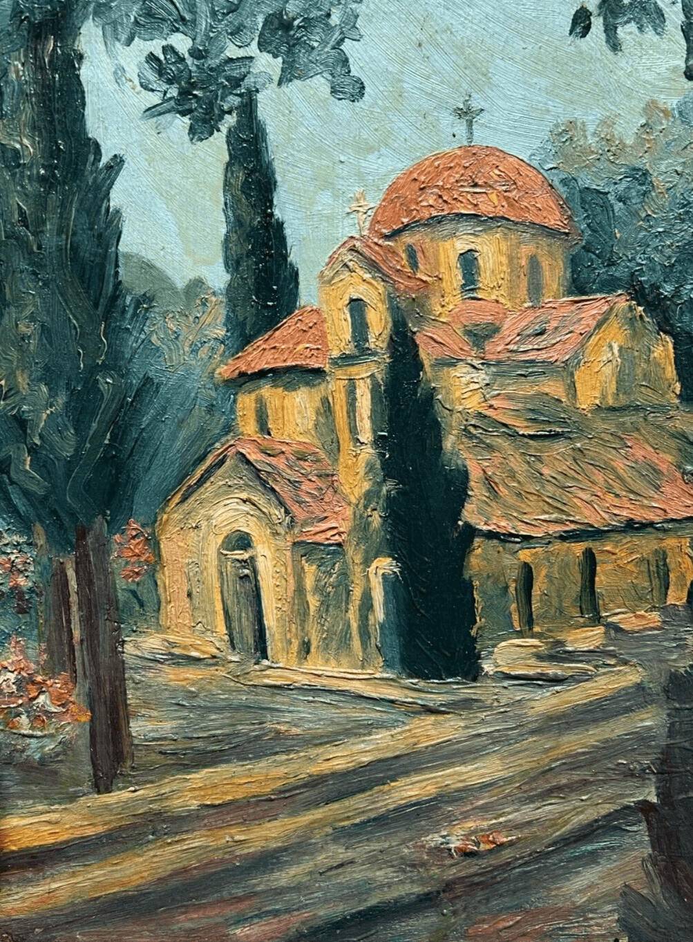 Antique Painting Original Landscape, Church, Byzantine Orthodox Architecture image 1