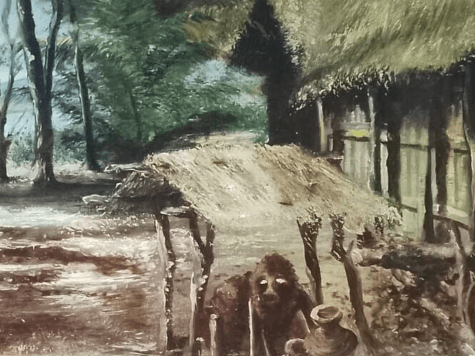 Antique Original African Landscape Palm Trees, Sea and House image 3