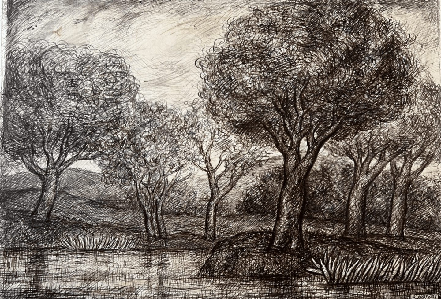 Original Antique Ink Drawing Landscape with Trees Artwork image 1