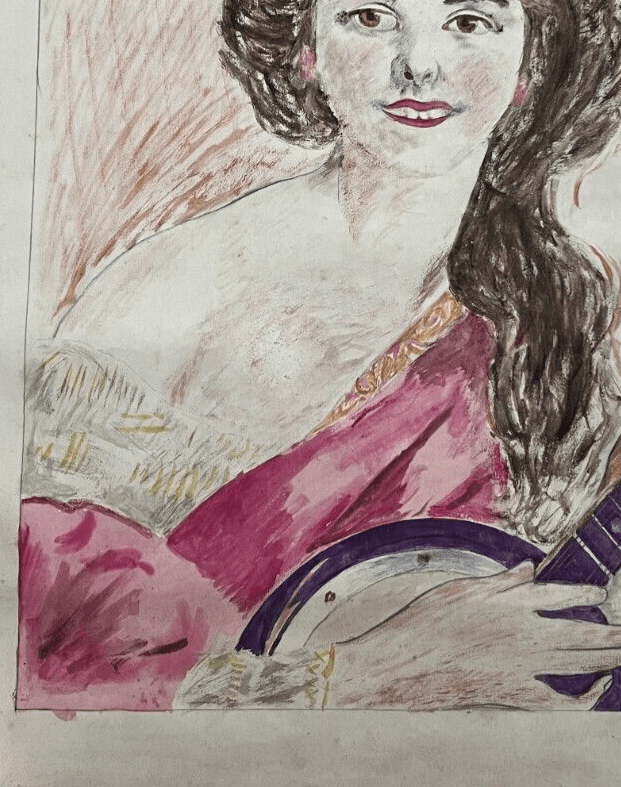 Antique Original Drawing Woman, Portrait, Music, Mandolin, Guitar image 5
