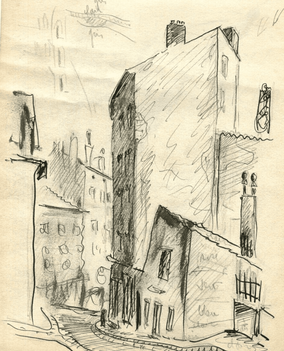 Vintage Ink Original Drawing Cityviews, Buildings, Houses c. 1930