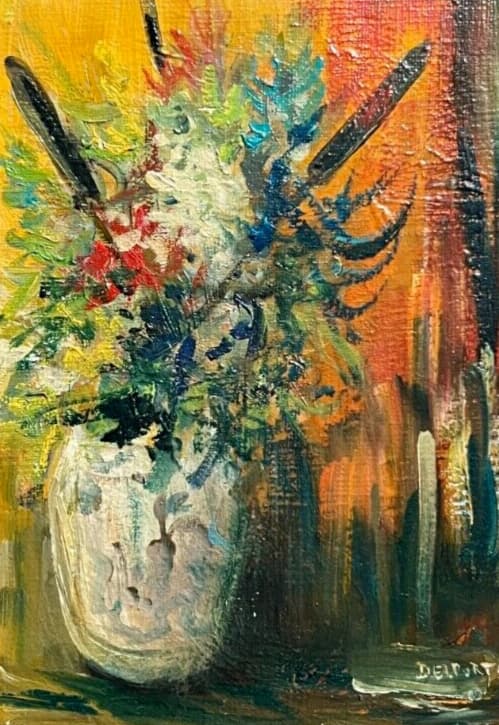 Antique Painting Original Odette DELPORTE Flowers Bouquet Floral Framed