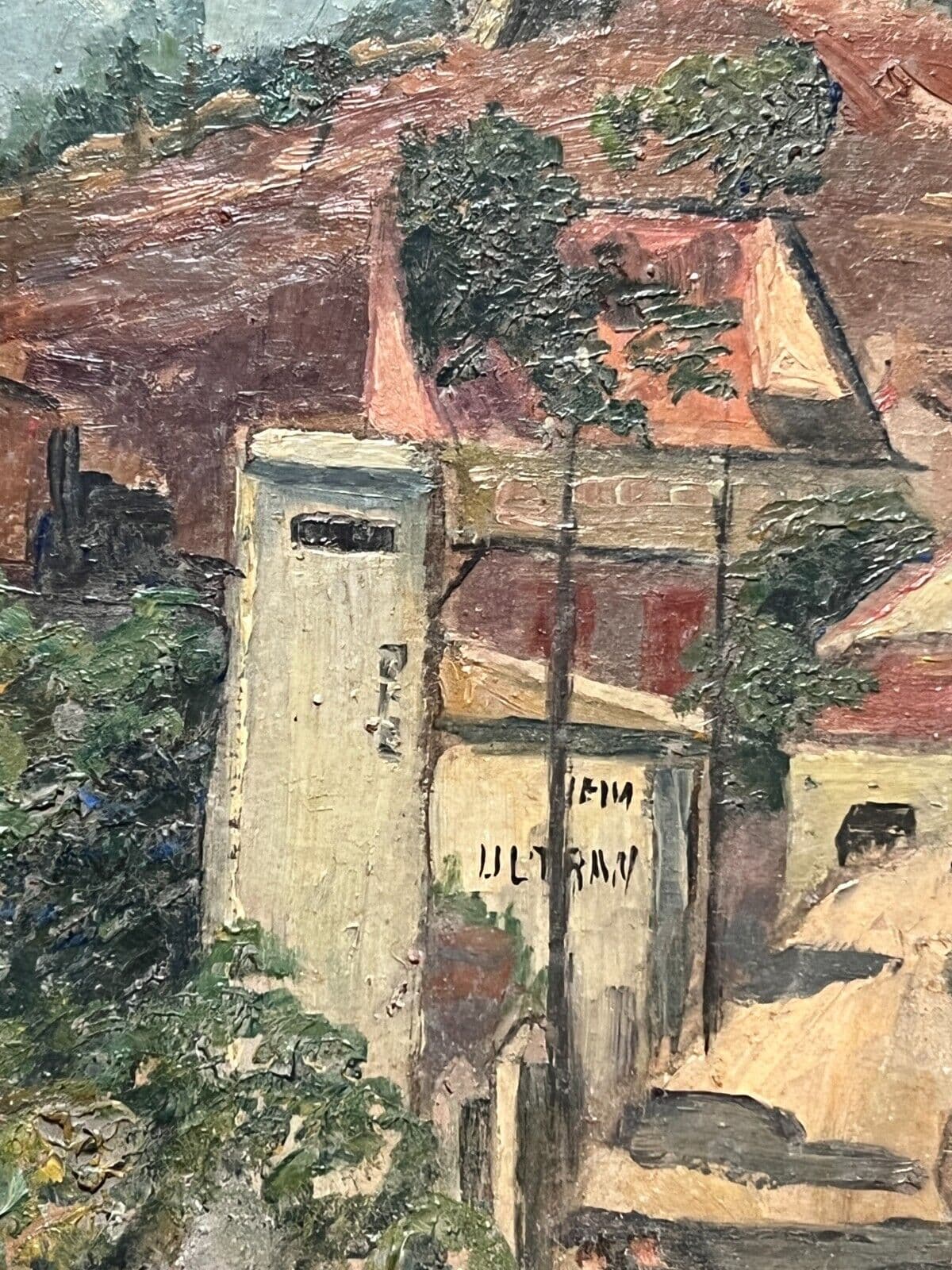 Antique Oil Painting Original Landscape, Cityview, Houses, Trees signed image 6