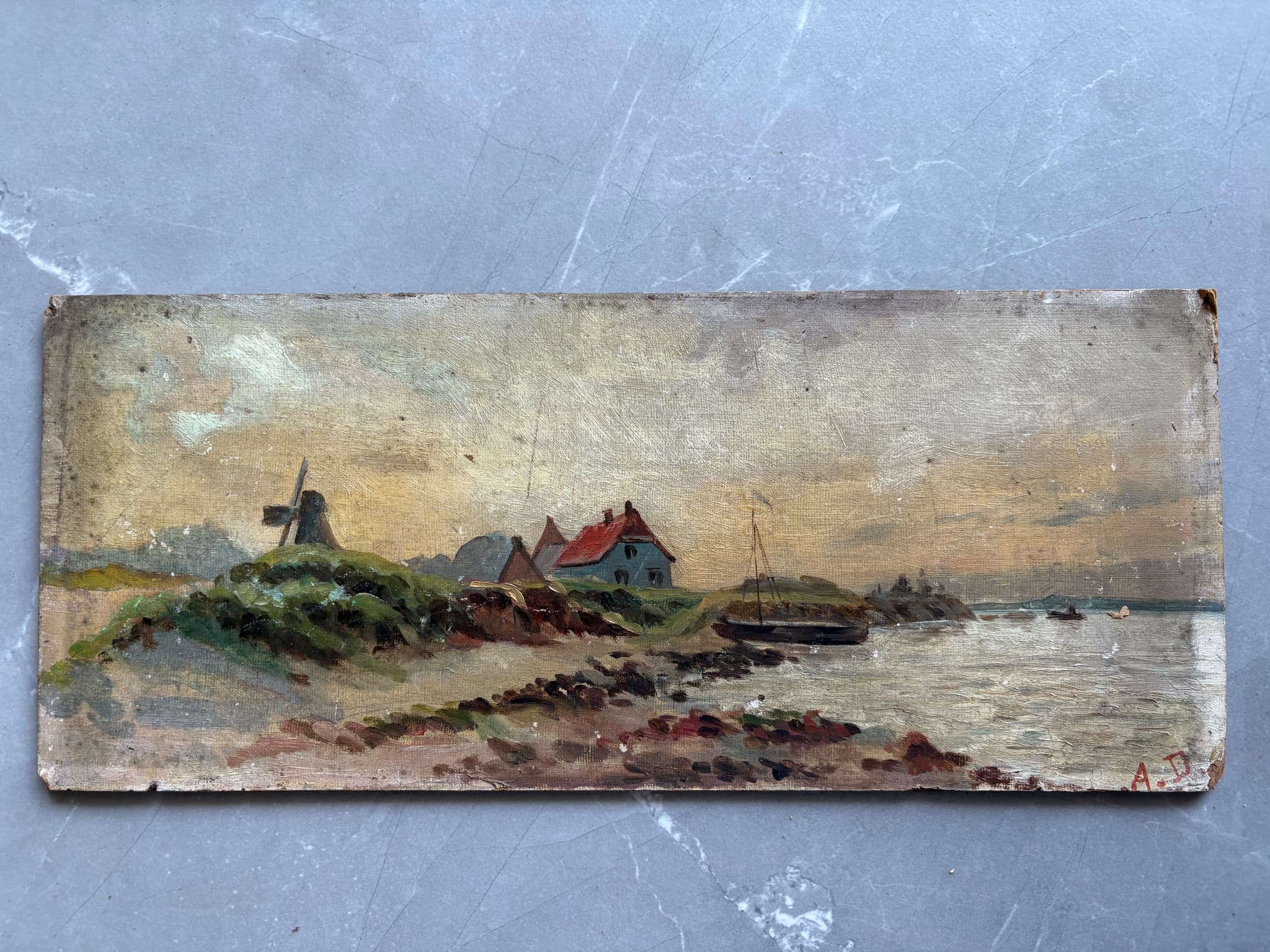 Antique Old Painting signed Village Town Landscape, Seaview, Mill, Boats image 4