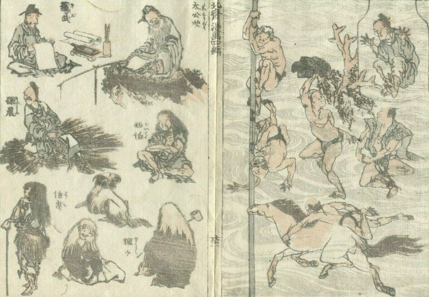 Antique Japanese WoodPrint People and Horses c. 1890 Asian Art Print Ukiyo-e image 1