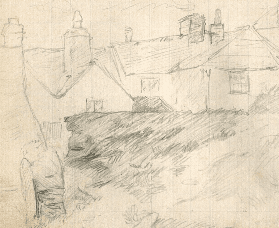 Antique Pencil Original Drawing Houses Sketches