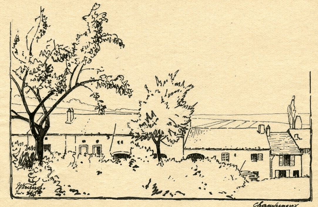 Vintage Ink Original Drawing signed Champenoux, Houses and Trees