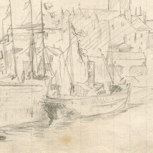 Vintage Original Pencil Drawing Port, Boat Landscape, Cityview Sketch image 4