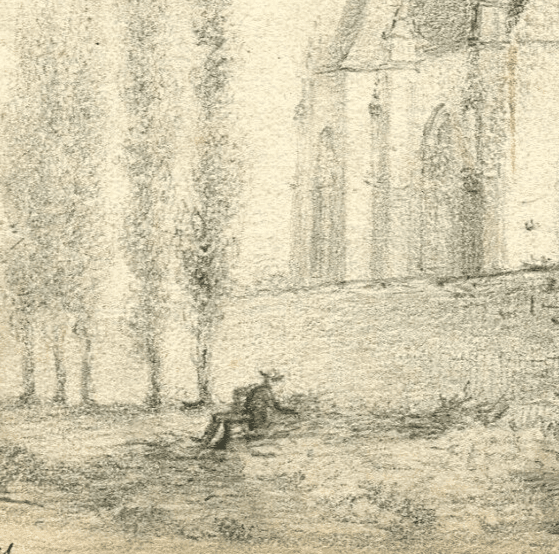Antique Pencil Original Drawing 19th century Loigny Landscape, Church, People image 2