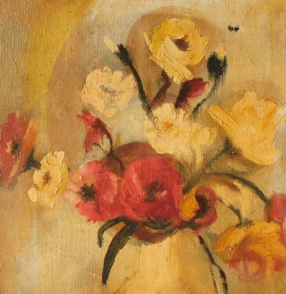 Antique Oil Old Original Painting Flowers Bouquet, Still Life, Roses, Floral image 2