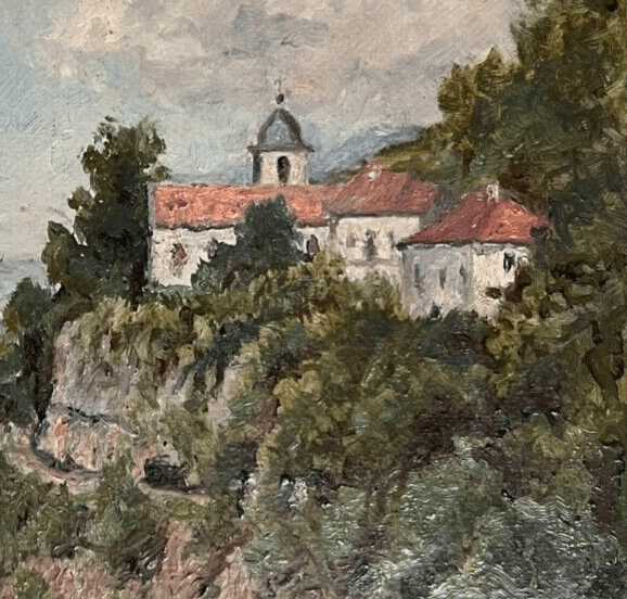 Antique Oil Vintage Original Painting Landscape Mountain Village, Lake image 2