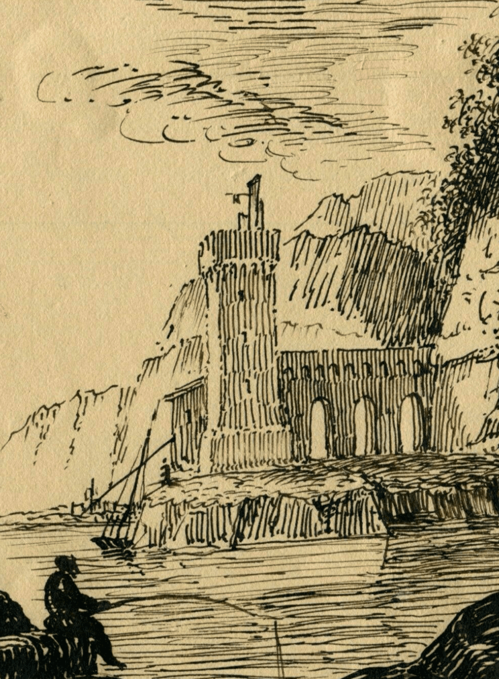 Antique Ink Drawing 19th century of Castle Landscape with Fisherman image 1