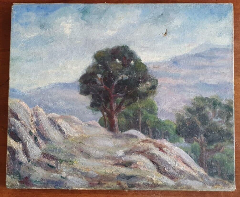 Antique Original Painting Landscape, Farm, Trees, Forest 19th century image 6