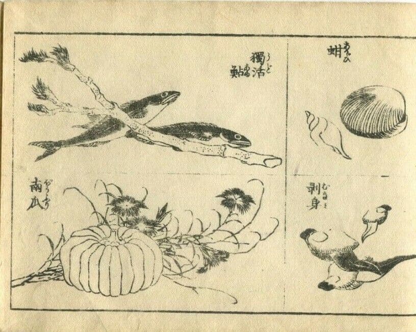 Antique Japanese Woodblock Kanji Japan Writing Bird, Fish 1890 Asian Art Ukiyo image 1