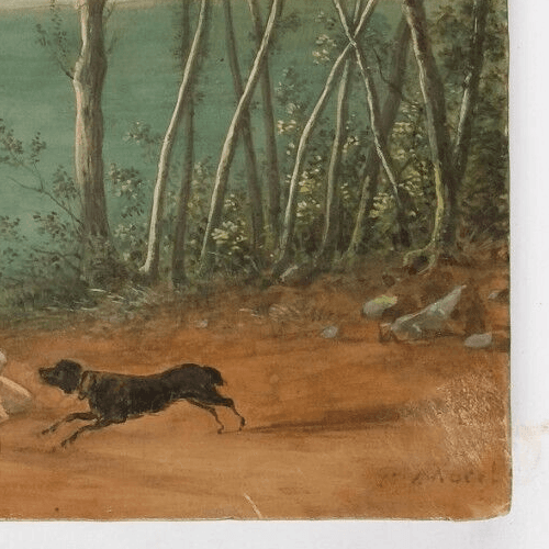 Antique Old Painting attrib Camille Pierre MORET (1803-1871) Couple with Dogs image 6