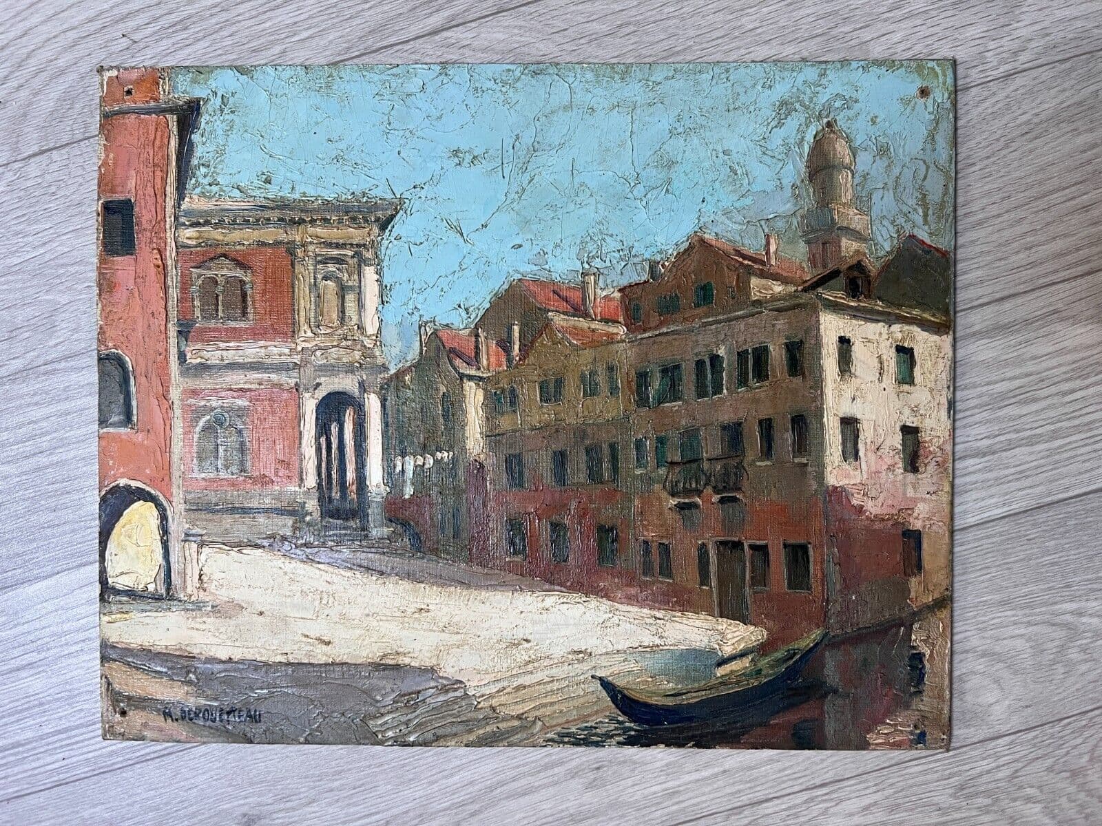 Antique Oil Painting Venice Cityview Landscape Building, Canal, Boat image 5
