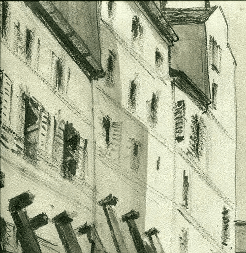 Vintage Ink Original Drawing City, War Time, Building signed Artwork image 3