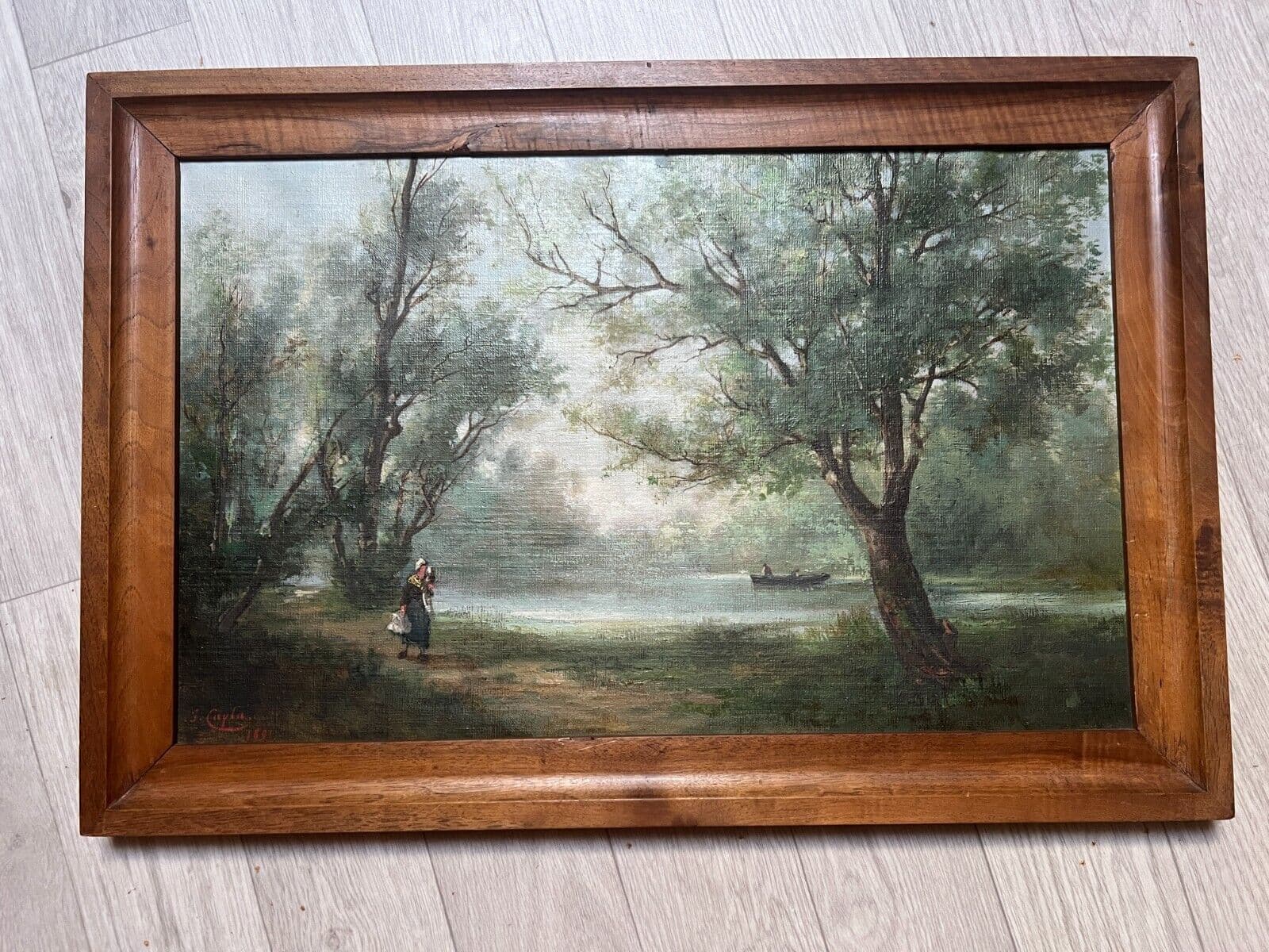 Antique Original Painting Landscape, Woman, Trees, Lake Jules CAYLA (XIX-XX) image 2
