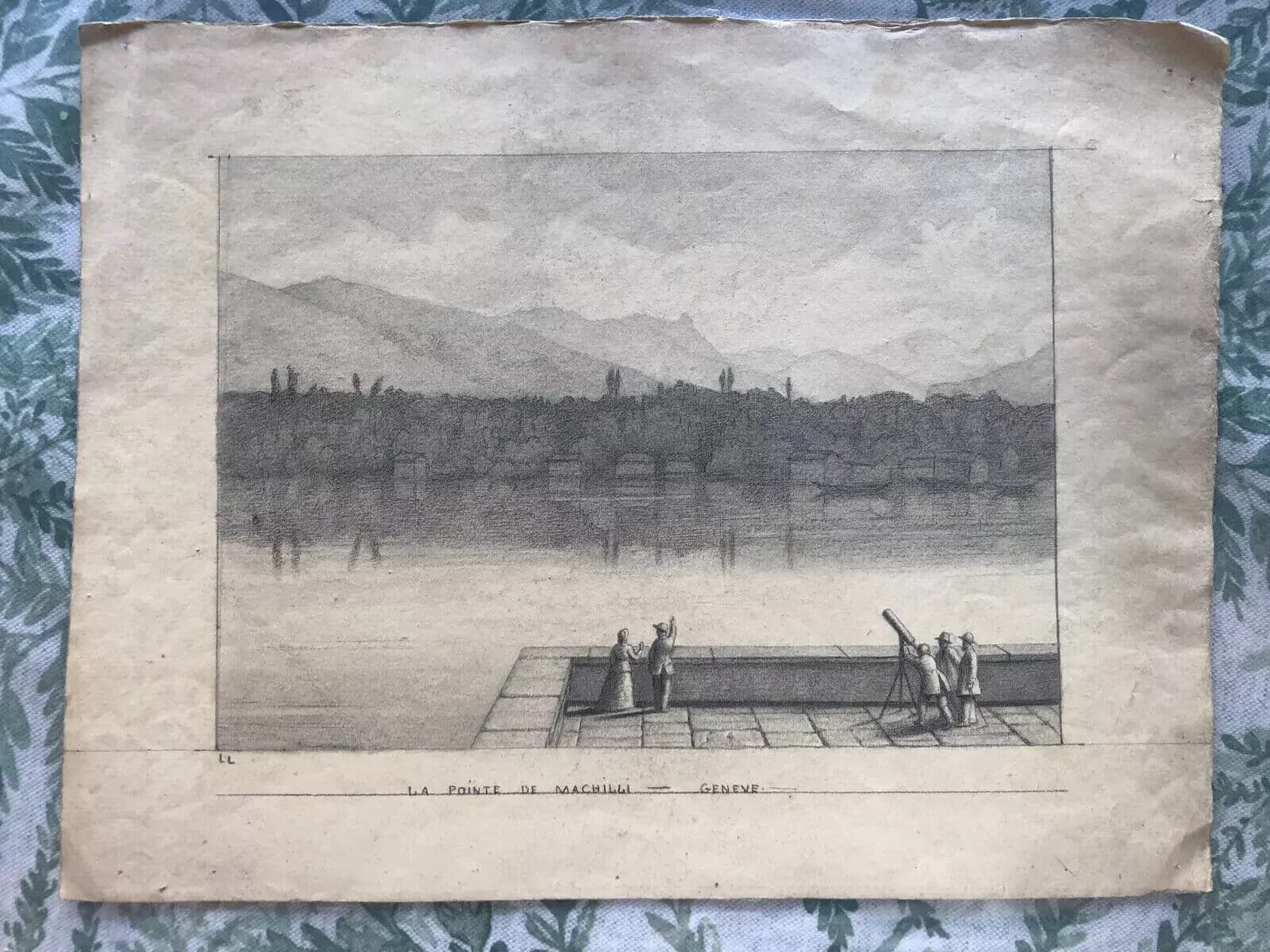 Antique Pencil Old Drawing Original Landscape Mountain Machilly, Geneva Signed image 3