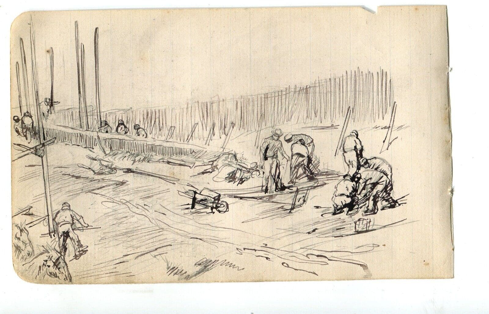 Antique Ink Original Drawing Marin Figures, People Working Artwork image 6