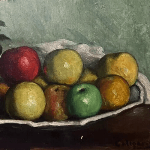 Antique Oil Old Original Painting Apples and Flowers Bouquet, Still Life image 5