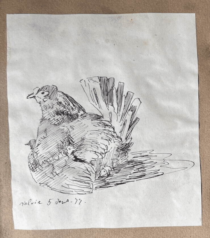 Antique Original Drawing Landscape, Chicken, Woman, Portrait 19th century image 3