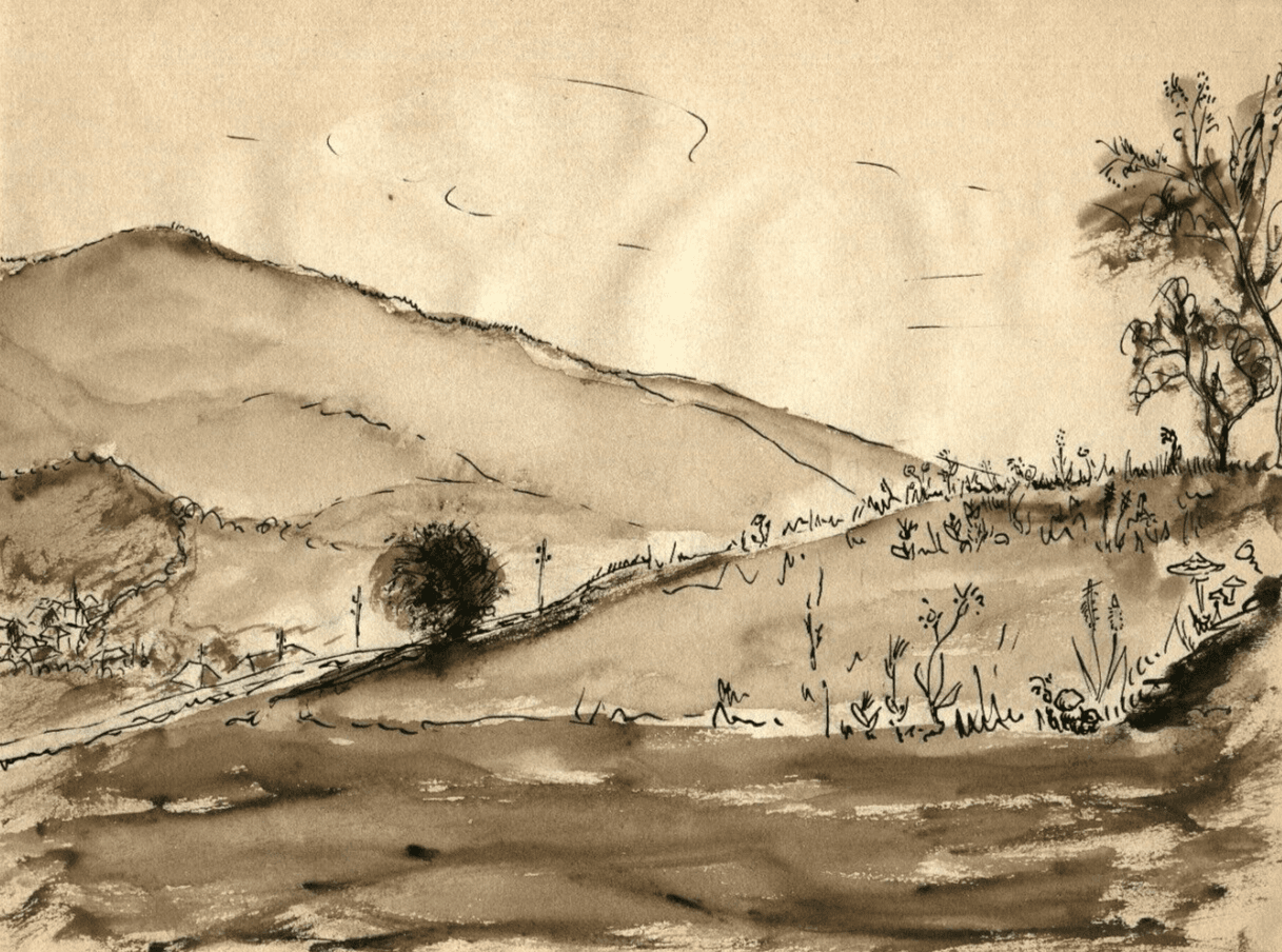 Vintage Ink Original Drawing Mountain landscape with Trees image 1