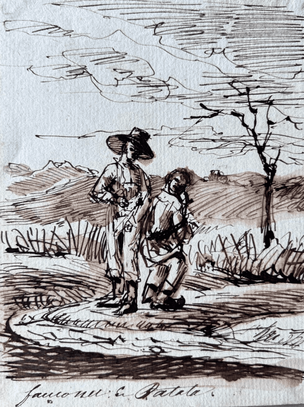 Antique Original Drawing signed Men Portraits, Life Scene, Landscape