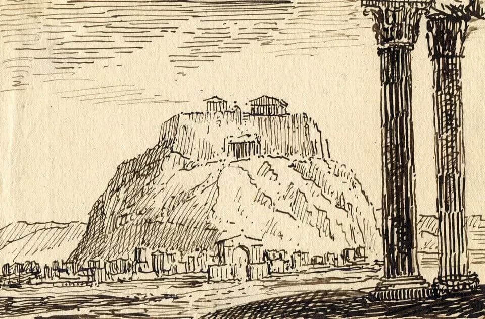 Antique Original Ink Drawing 19th century The Mount Olympus, Romantic Landscape