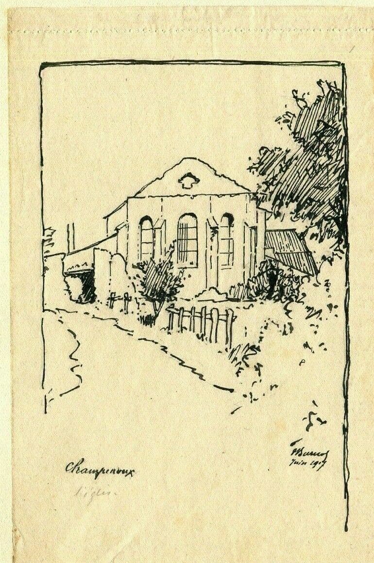 Vintage Ink Drawing signed House Landscape Champreux, Lorraine 1917