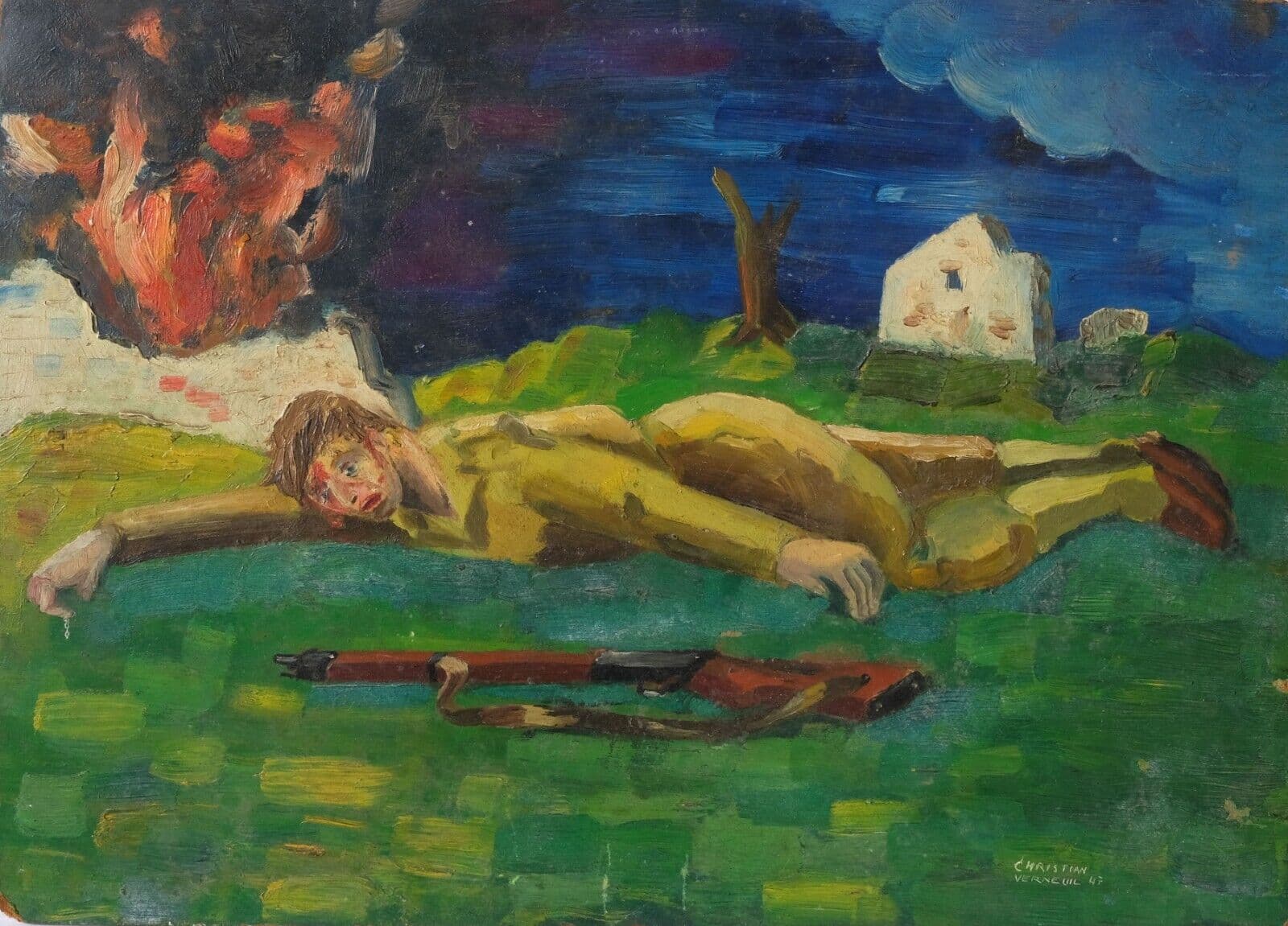 Vintage Oil Painting Military Man on the Grass with a Riffle 1947