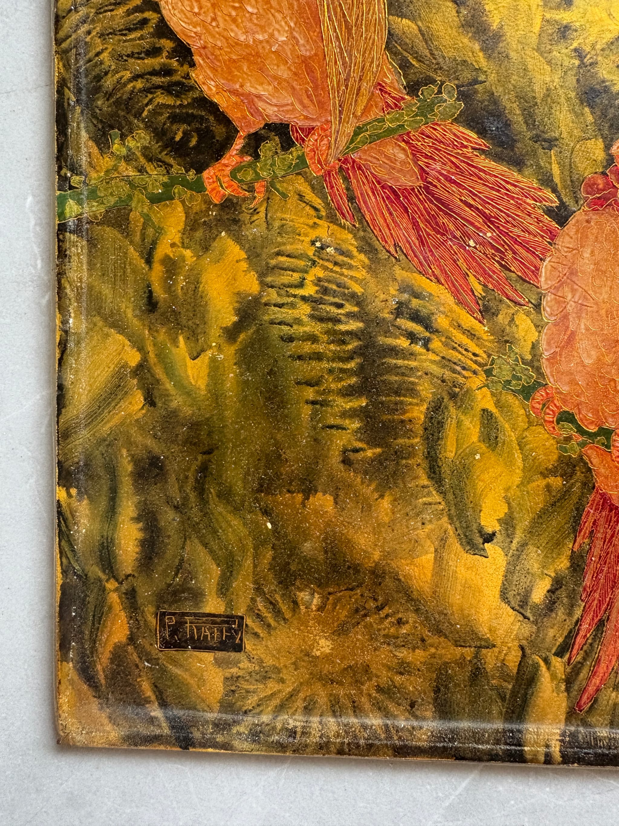 Vintage Oil Painting signed Paul RAFFY (XX) Perrots Birds, Art Deco Framed image 2