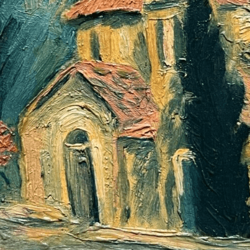 Antique Painting Original Landscape, Church, Byzantine Orthodox Architecture image 4