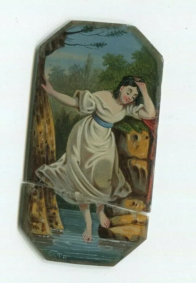 Antique Miniature Painting signed Genre Scene Woman Bathing by the Water image 5