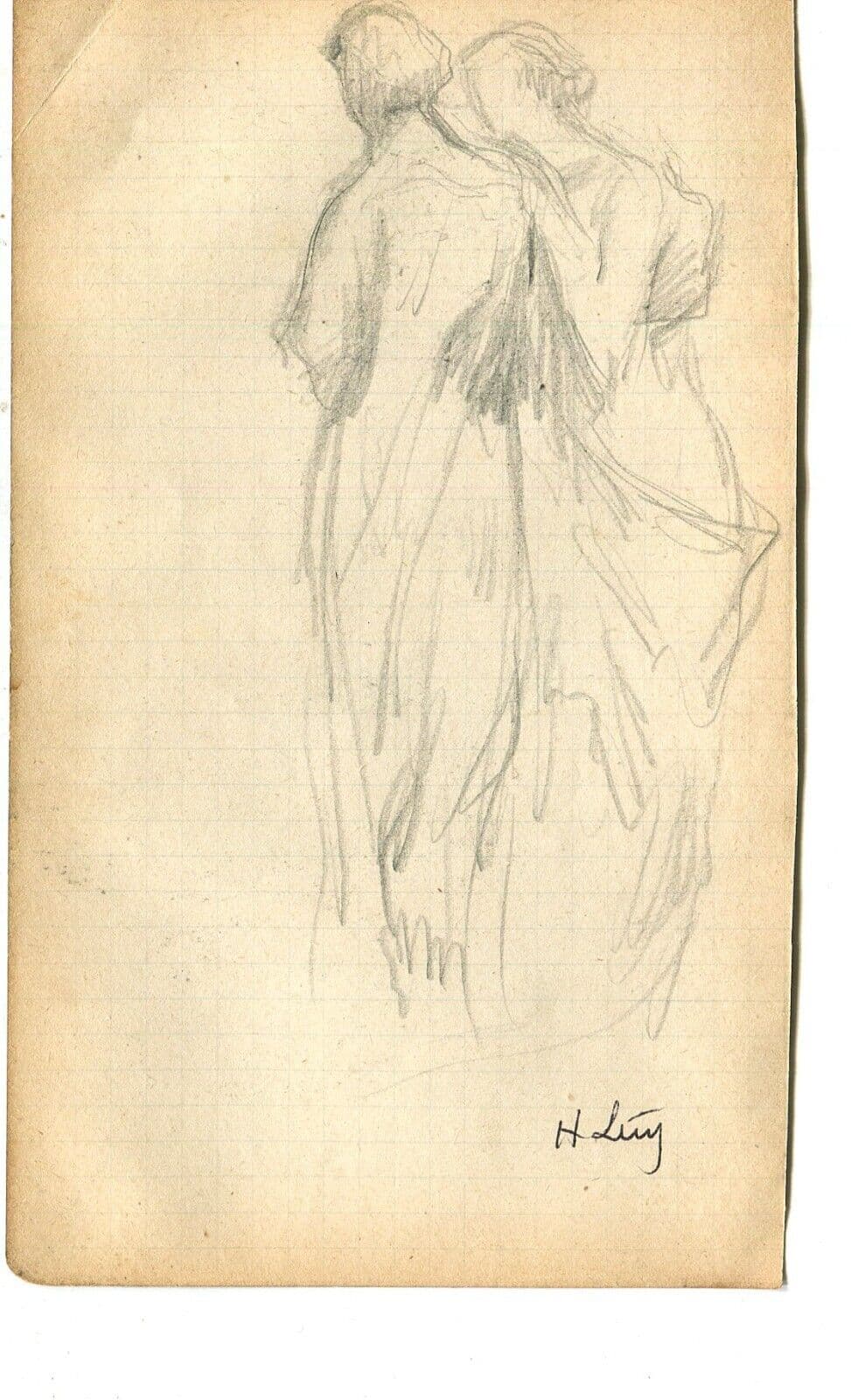 Antique Pencil Drawing Original Sketch Two Women Walking signed image 6