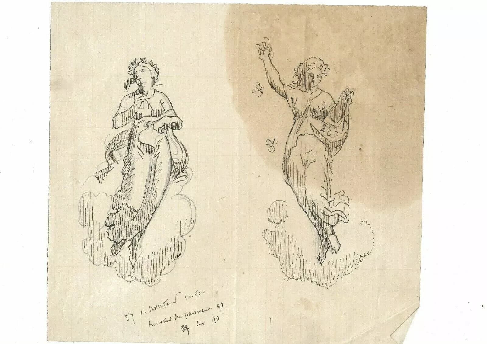 Antique Ink Drawing 19th century Two Sculpture Women, Goddess Artwork image 5