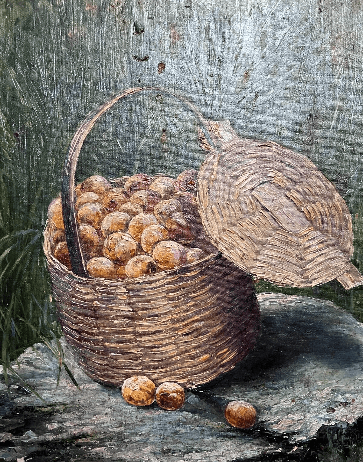 Antique Original Painting 19th century, Still Life, Fruits, Bucker, Abricots