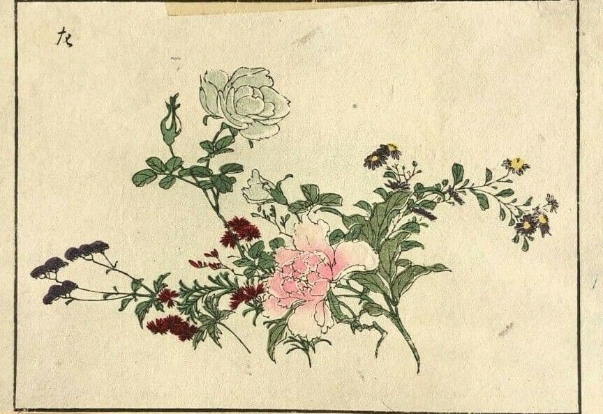 Japanese Antique Original Print - Pink Flowers c. 1830 Asian Art Print Ukiyo-e image 1