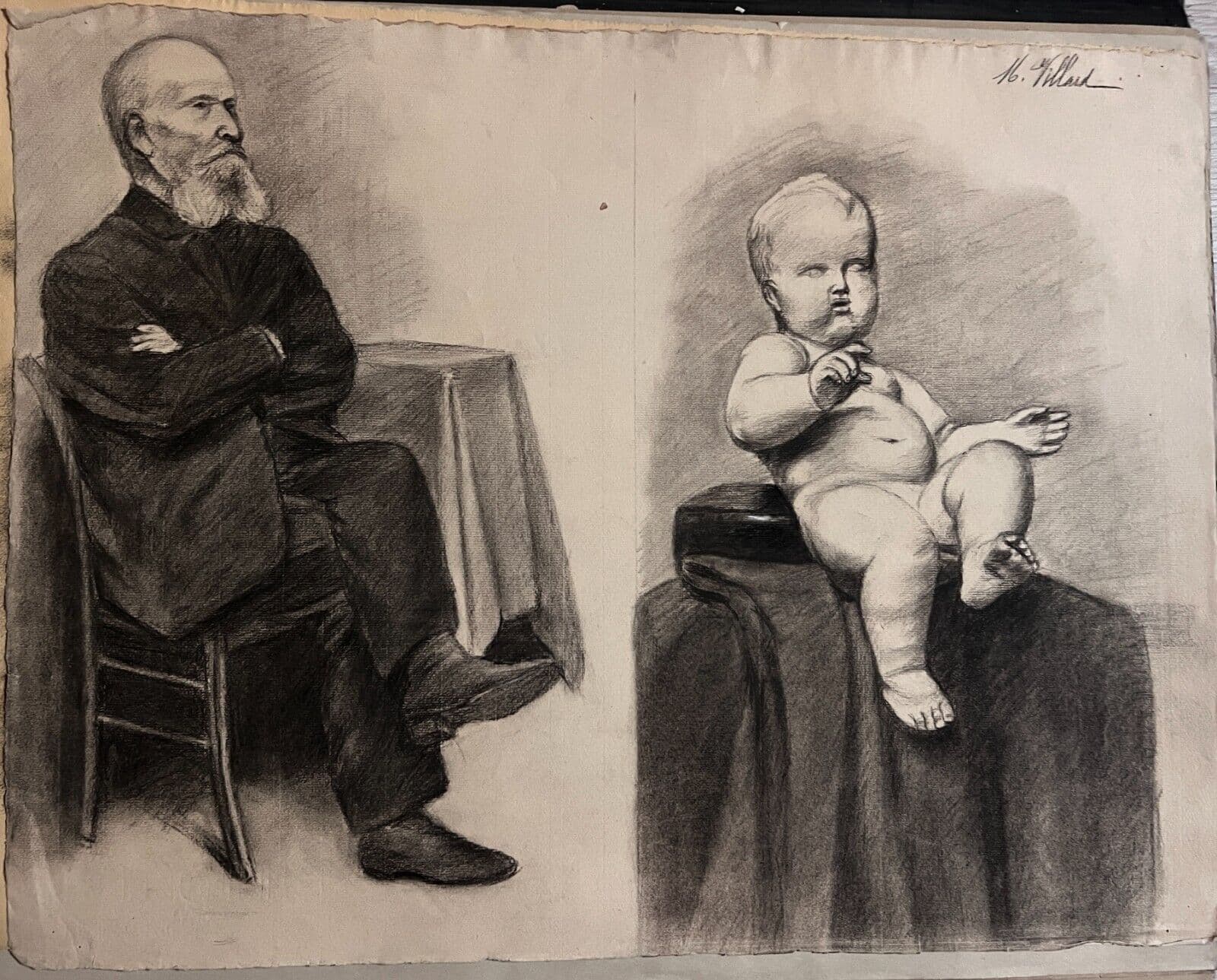 Antique Drawing Original Charcoal Man Portrait, Baby signed image 6