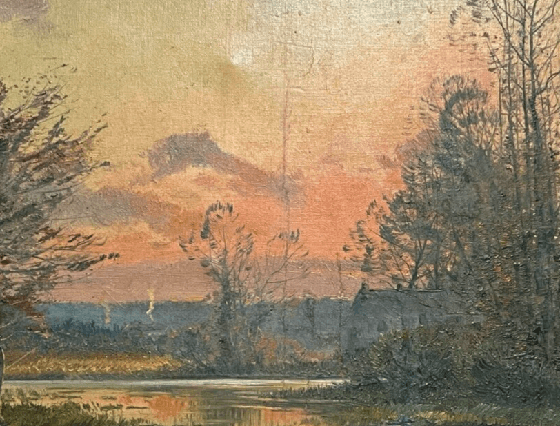 Antique Painting Original Landscape, Sunset, Lake, Forest, Trees, People signed image 3