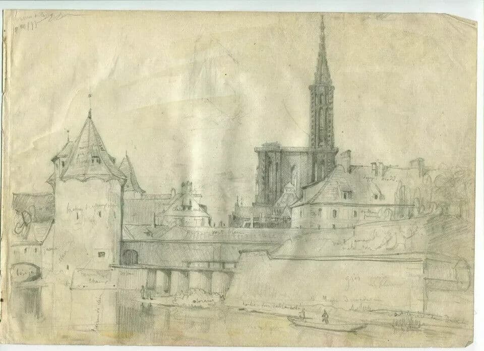 Antique Pencil Drawing 19th century Cityscape Landscape image 5