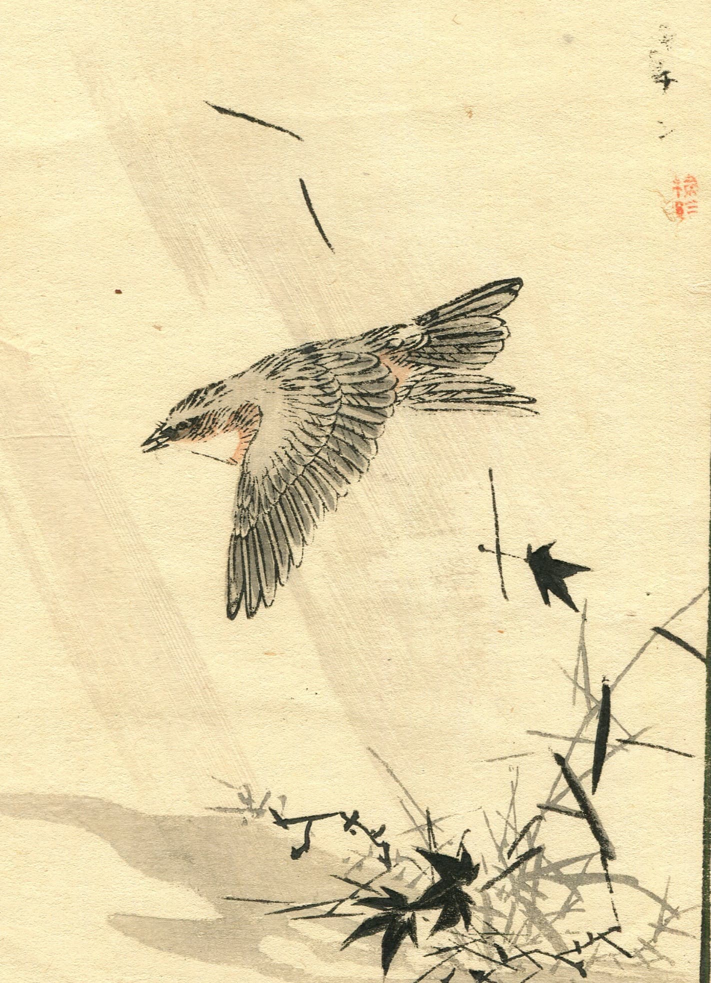 Sparrow Flying Japanese Ukiyo-e Print c. 1890 image 1